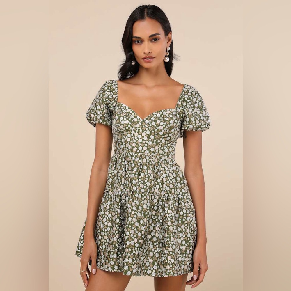 NWT Lulus Confident Sweetheart Olive Floral Jacquard Tiered Mini Dress